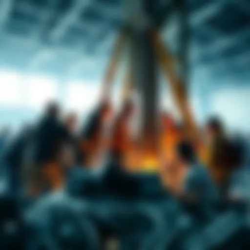 A group of people focusing on a large drill setup at the Mega Drill Challenge 2027, showing excitement and determination.