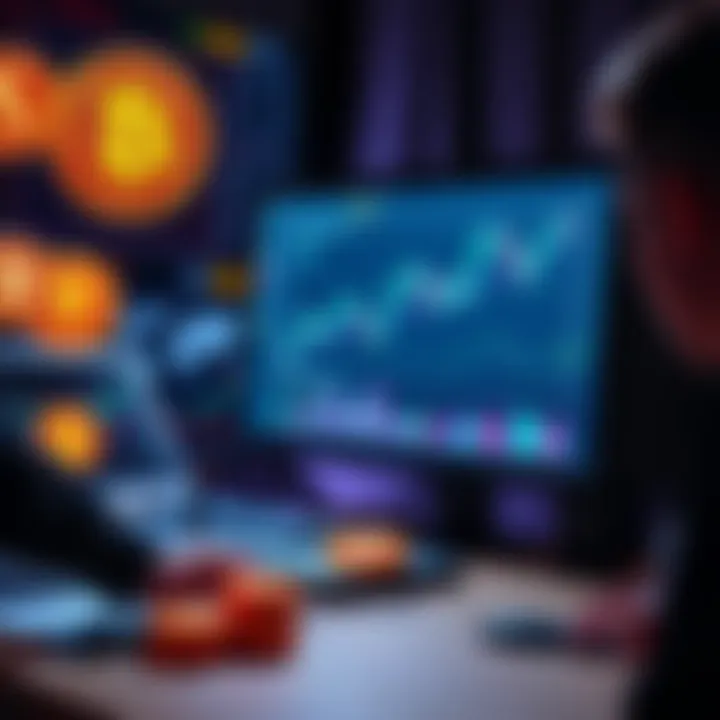 A developer analyzing cryptocurrency charts on a computer, surrounded by meme coin icons and graphs representing trading strategies.