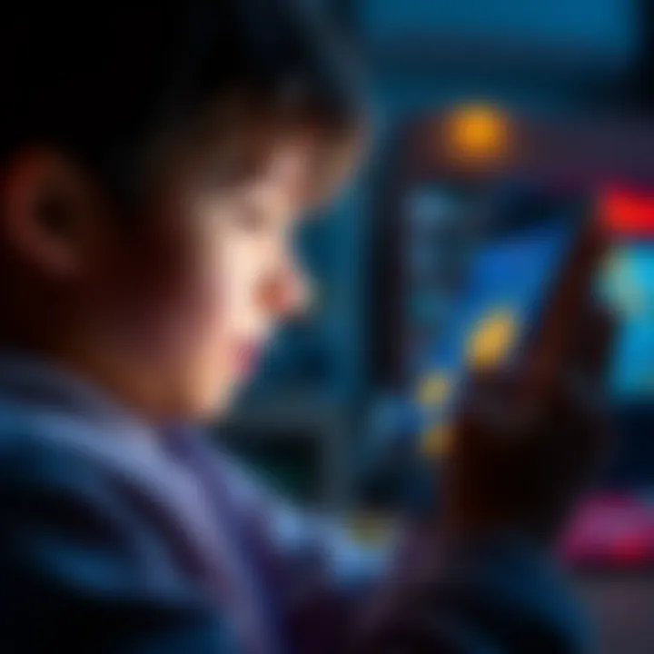 A young kid looks at a smartphone screen showing rising charts and meme coin logos, looking thrilled at potential profits from crypto investments.
