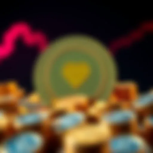 A digital representation of a meme coin with a charity logo, symbolizing trading for a cause, surrounded by coins and a heart icon