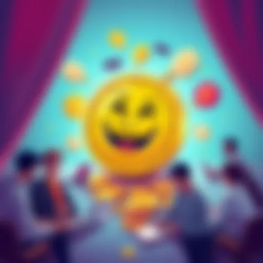 A cartoonish coin with a smiley face and dollar signs, surrounded by people brainstorming ideas with laptops and notebooks, symbolizing the creation of a meme coin.