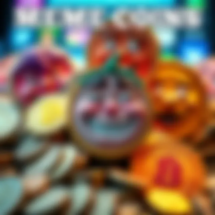 A humorous depiction of various meme coins with funny faces and expressions, surrounded by coins and a social media background