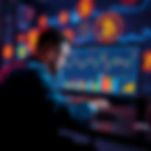 A person analyzing trends and charts on a computer screen, surrounded by meme coin logos