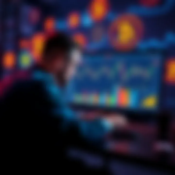 A person analyzing trends and charts on a computer screen, surrounded by meme coin logos