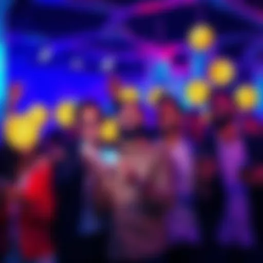 Group of people celebrating joyfully while looking at their phones, surrounded by meme coin logos and charts showing price fluctuations