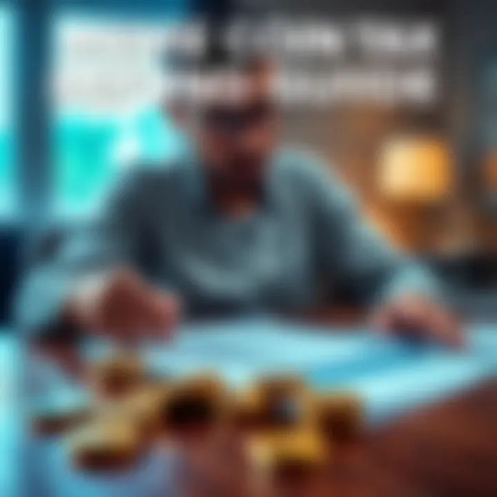 A person looking at tax documents with a laptop and meme coins on the table