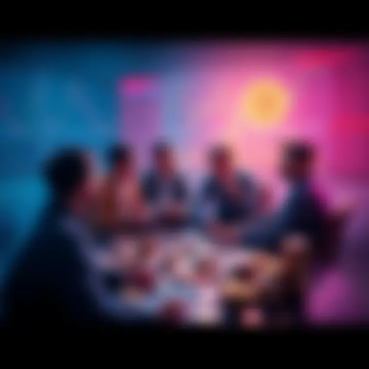 A group of traders discussing the future of meme coin trading surrounded by charts and coins