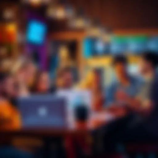 A vibrant group of people discussing meme coins at a coffee shop, showcasing laptops and charts, with expressions of excitement and curiosity.