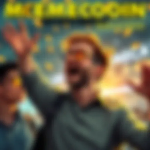 A person celebrating after turning a small investment into a large profit with memecoins, while another person looks worried about their losing investment.