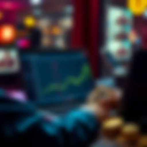 A person reviewing their memecoin transaction history on a laptop, with cash and cryptocurrency symbols around them.