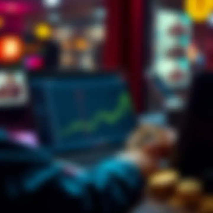 A person reviewing their memecoin transaction history on a laptop, with cash and cryptocurrency symbols around them.