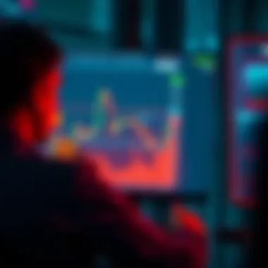 Memecoin Trading Concept A digital screen displaying memecoins with fluctuating graphs and a person analyzing market data.
