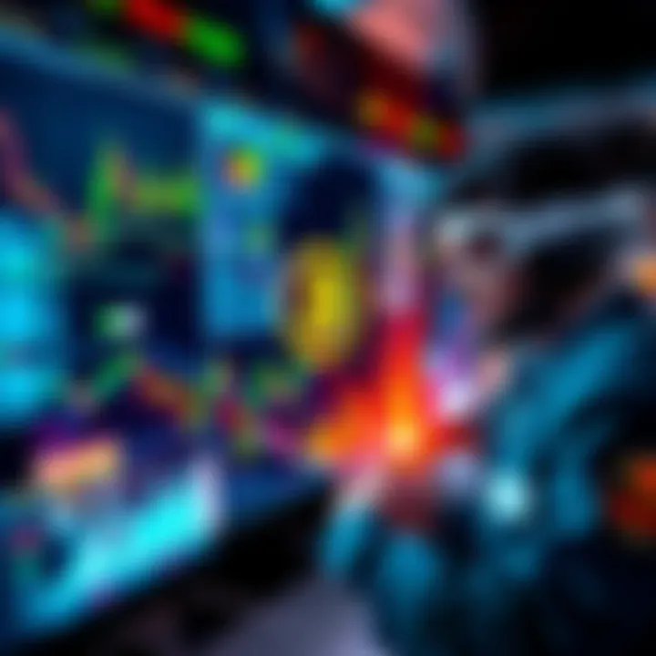 A trader analyzing memecoin charts with digital currency symbols in the background