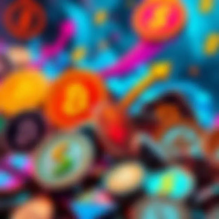 Colorful graphics showing various popular memecoins, surrounded by symbols of growth like arrows and dollar signs