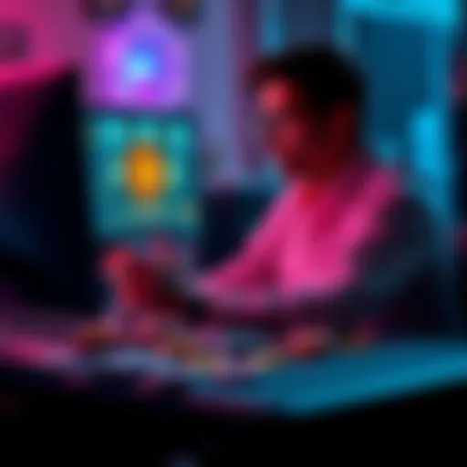 A person sitting at a computer with memecoins on the screen and casino chips scattered around.