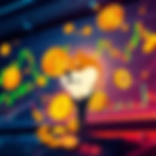 A colorful graphic showing various memecoins like Dogecoin and Shiba Inu with charts and a person analyzing them, symbolizing strategy in cryptocurrency trading.