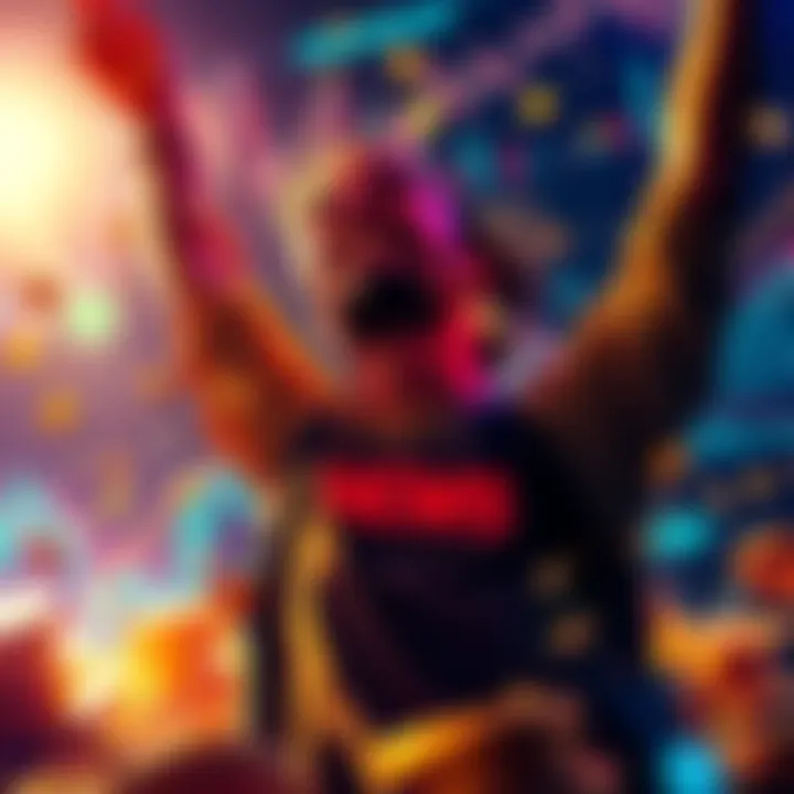 A person celebrating after a successful trade in memecoins, surrounded by coins and digital graphs showing rising trends.