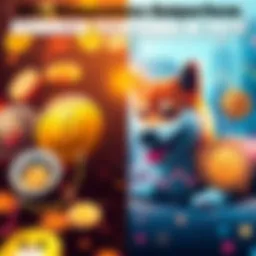A visual comparison of popular memecoins like Dogecoin and Shiba Inu with advanced tech coins, showing their logos and growth charts.