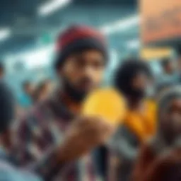 A merchant looks puzzled while holding a coin labeled 'buttcoin', surrounded by a crowd of diverse people discussing currency.