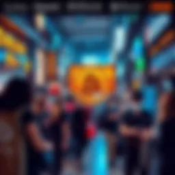 A diverse group of merchants showcasing Bitcoin payment acceptance through digital devices
