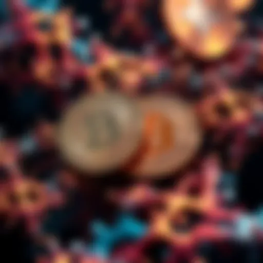 A digital representation of merge mining, showcasing Fractal Bitcoin alongside traditional Bitcoin symbols, illustrating a dual mining process.