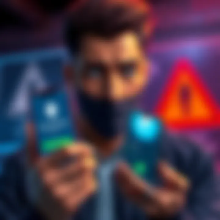 A person looking worried while holding a smartphone displaying a MetaMask wallet interface, with a background showing a warning symbol