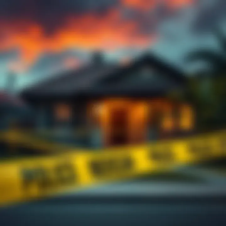 Scene showing a house marked by police tape, suggesting a crime related to a family tragedy over digital assets