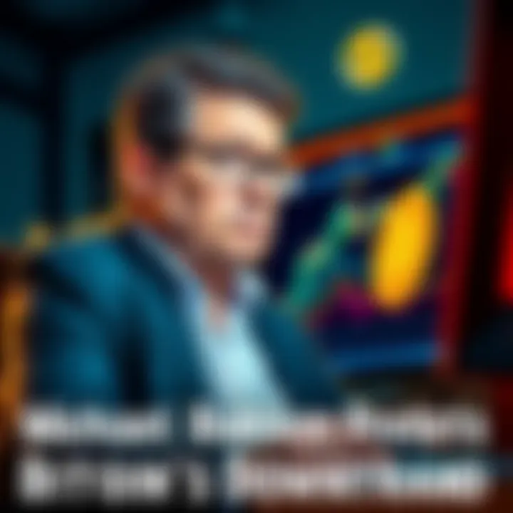 Investor Michael Burry looking concerned while analyzing Bitcoin trends on a computer screen