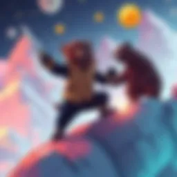 Michael Saylor humorously fighting cartoon bears while climbing toward a Bitcoin paradise in a vibrant AI-generated scene