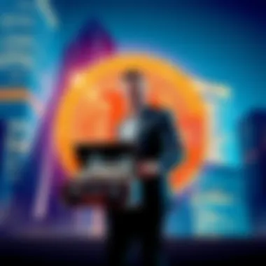 Michael Saylor Bitcoin Investment Michael Saylor standing in front of a large Bitcoin symbol, holding a briefcase filled with cash, with a skyscraper in the background