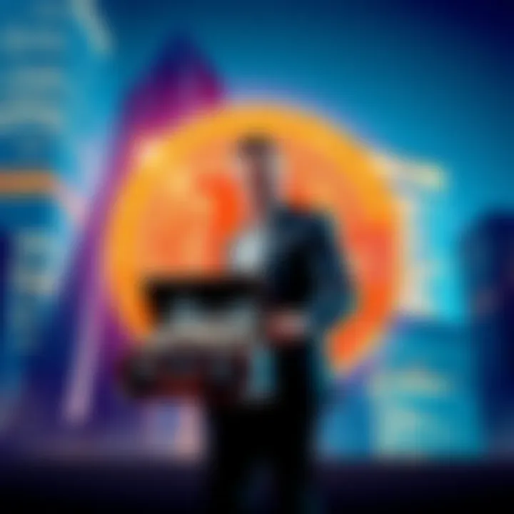 Michael Saylor Bitcoin Investment Michael Saylor standing in front of a large Bitcoin symbol, holding a briefcase filled with cash, with a skyscraper in the background