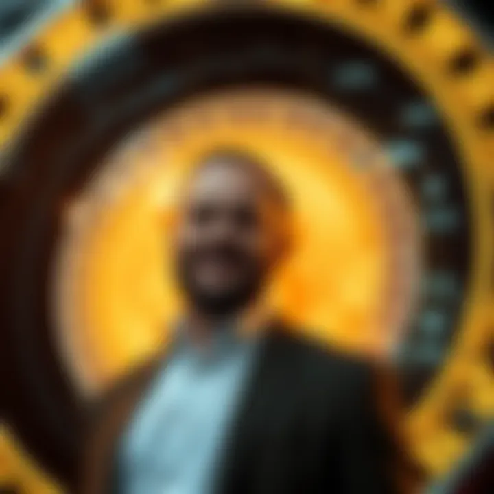 Michael Saylor stands confidently in front of a large Bitcoin symbol, showcasing his bold investment moves in the crypto market.