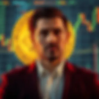 Michael Saylor looking concerned in front of a large Bitcoin symbol and graphs showing market trends, illustrating the challenges he faces in the crypto landscape.