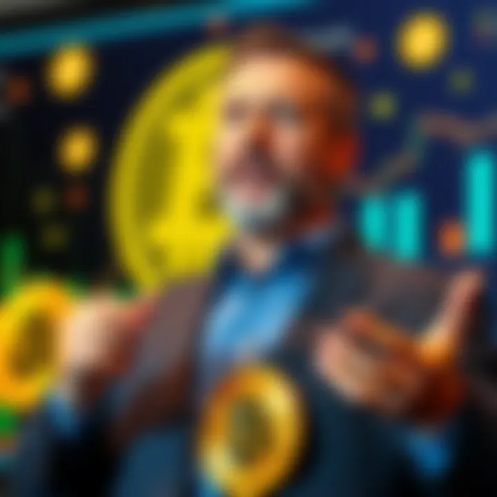 Michael Saylor speaking about Bitcoin investment opportunities with a backdrop of digital currency graphics