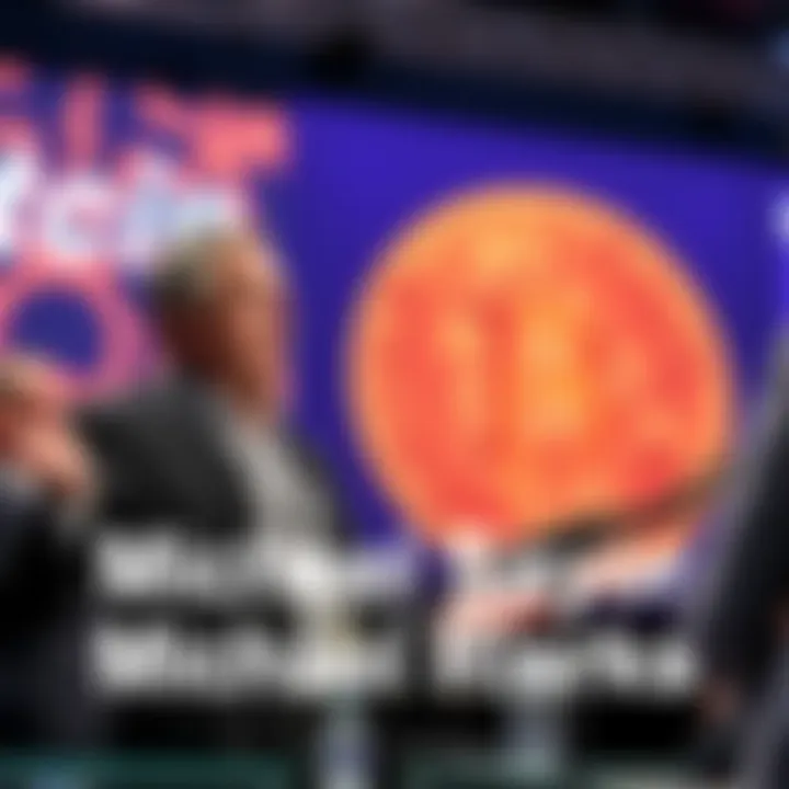 Michael Saylor speaking at a conference, comparing Bitcoin risks to food poisoning, with a Bitcoin symbol in the background.