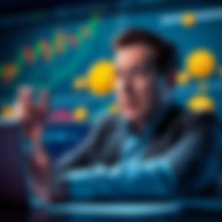 Michael Saylor discussing his Bitcoin investment strategy with charts and Bitcoin symbols around him