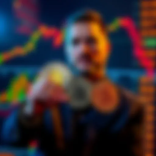 Michael Saylor holding Bitcoin coins with a backdrop of a financial market chart