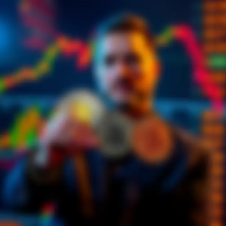 Michael Saylor holding Bitcoin coins with a backdrop of a financial market chart