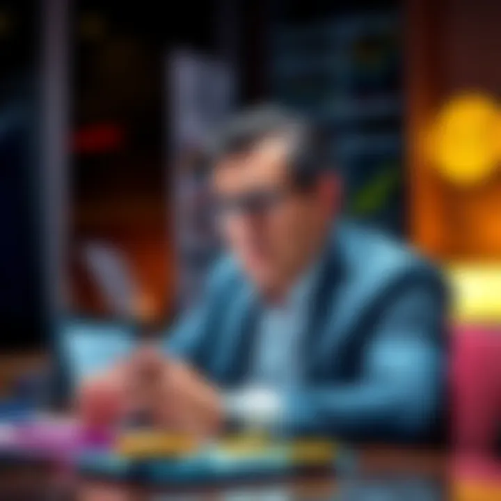 Michael Saylor, chair of MicroStrategy, looks concerned while reviewing Bitcoin trends at his desk.