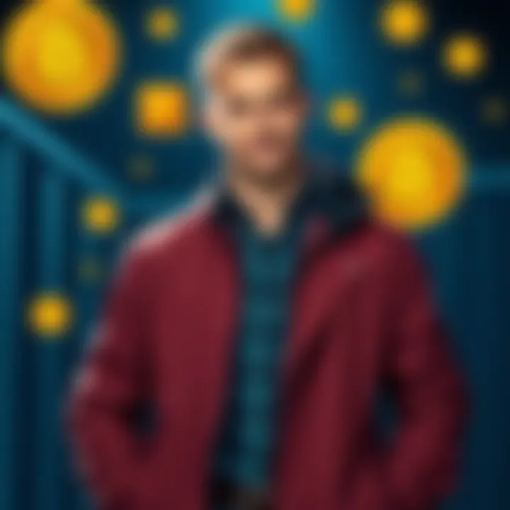 Michael Saylor standing with Bitcoin symbols in the background, showing a confident expression as he bets on high Bitcoin prices.