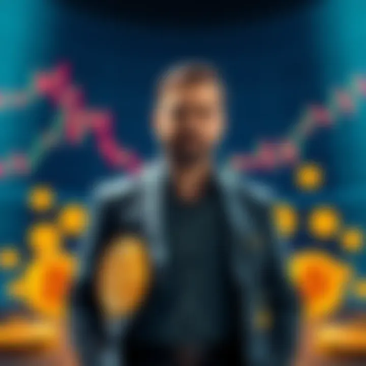Michael Saylor stands confidently with Bitcoin symbols and charts showing market trends, representing his significant investment in cryptocurrency.