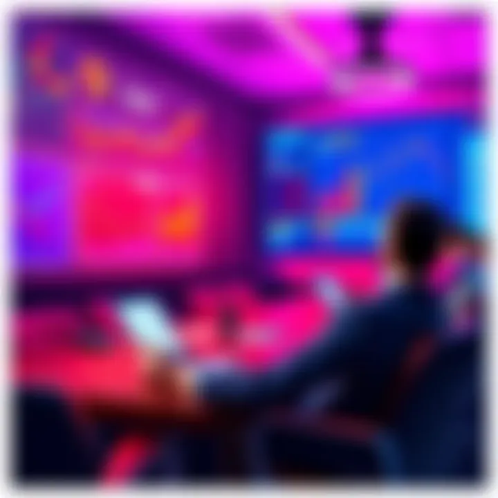 A businessman discussing cryptocurrency strategies in a conference room with charts and graphs displayed on a screen.