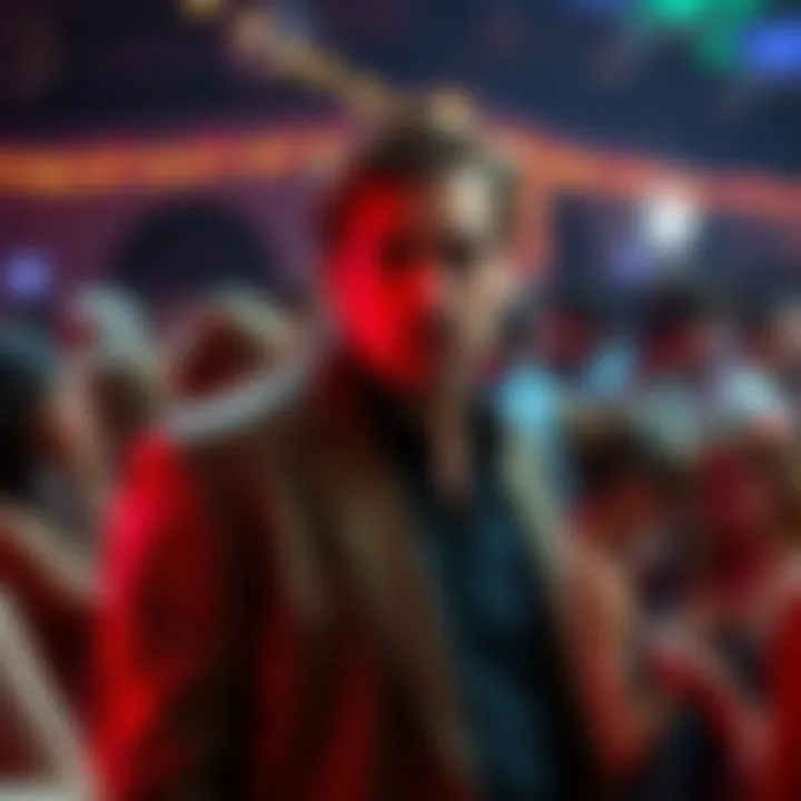 Michael Saylor standing socially detached at a crowded party, looking uninterested in conversations around him.