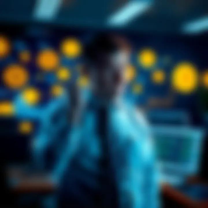 Michael Saylor stands in an office with Bitcoin graphics behind him, looking concerned as he reviews his portfolio.