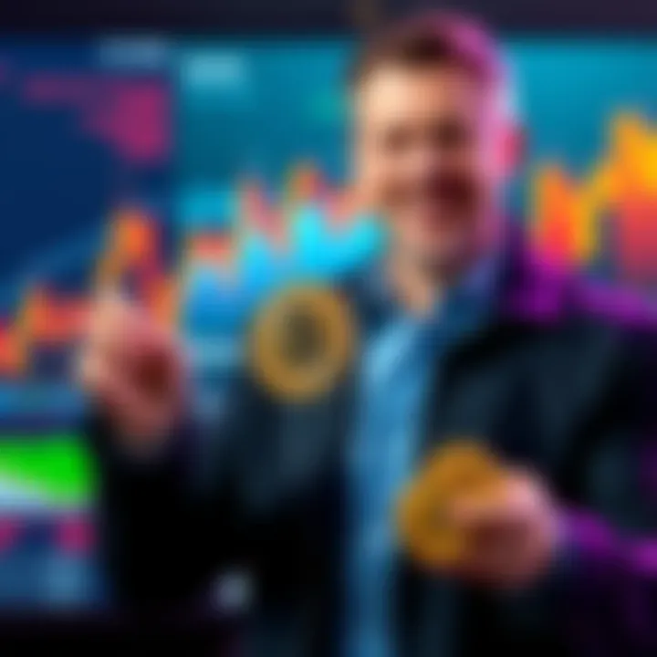 Michael Saylor holding Bitcoin coins and a digital screen showing market trends, symbolizing the sale of Bitcoin for liquidity demonstration.