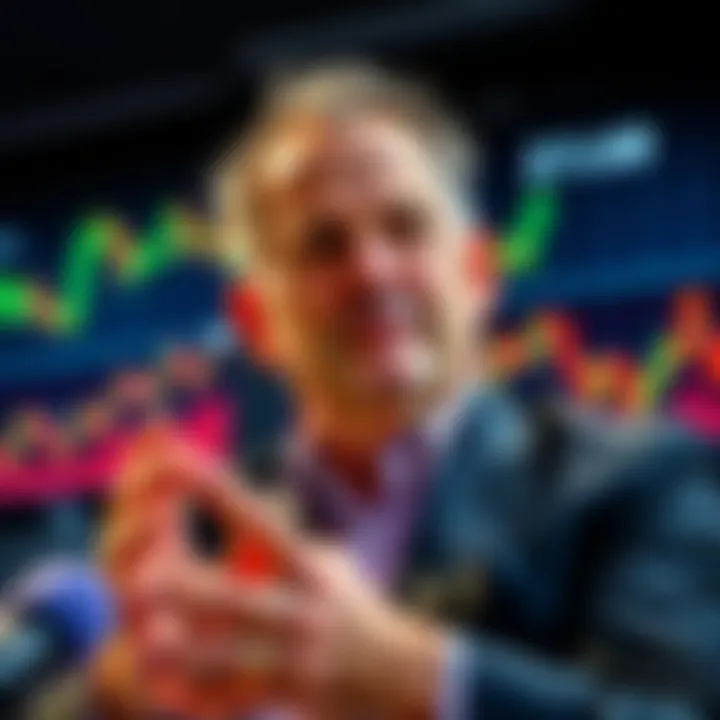 Michael Saylor seen at a press event discussing Bitcoin sales and dividends, with graphs showing market trends in the background.