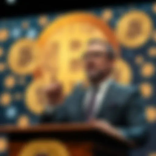 Michael Saylor speaking at a podium about the impossibility of blocking Bitcoin, with a backdrop of Bitcoin symbols