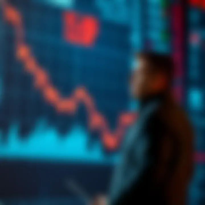 Michael Saylor standing in front of stock market charts displaying a downward trend, preparing to invest despite expected market drop