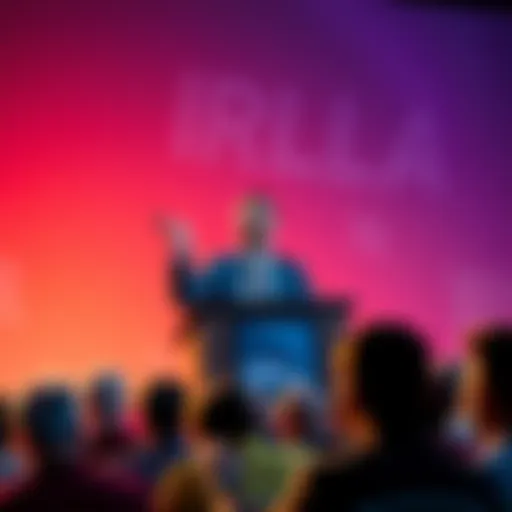 Michael Saylor at a podium discussing cryptocurrency with a questioning audience.