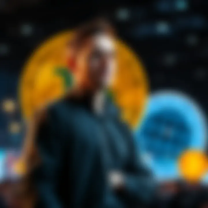 Michael Saylor standing with a Bitcoin logo, looking thoughtful as he contemplates selling his Bitcoin holdings.